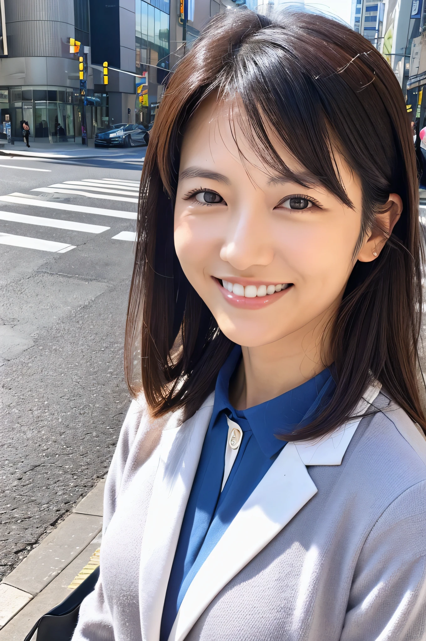 A Japanese milf, photo of one lady, Slender figure, Realistic teeth, double eyelids, smile, full-length, at the city