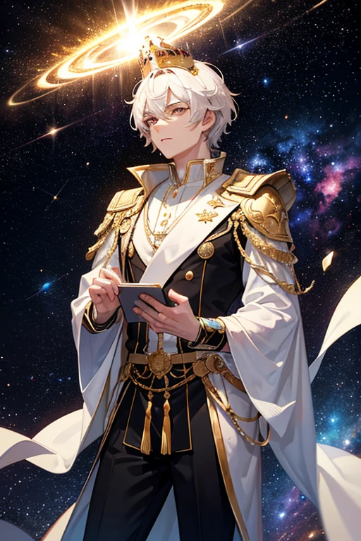 God of creation, powerful, young, handsome, fully clothed, royal style, white - golden - blue - galaxy clothes, 18 years old, wearing a golden crown, masculine, short-sleeved, short hair, holding a galaxy, universe background, galaxy, stars