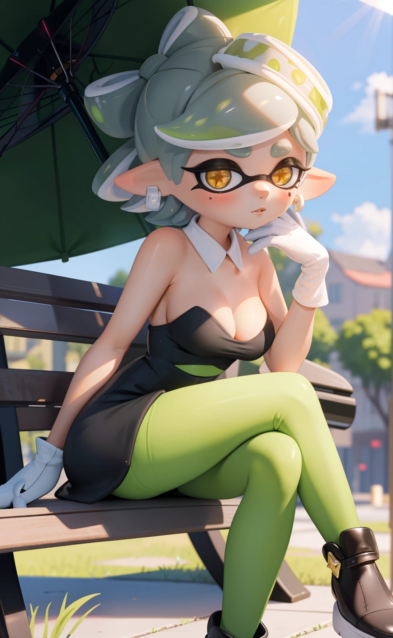 [marie], [splatoon], ((masterpiece)), ((HD)), ((beautiful render art)), ((solo portrait)), ((waist up)), ((front view)), ((cinematic lighting)), ((anime)), ((detailed shading)), ((intricate details)), {(slim figure), (cute orange eyes), (star-shaped pupils), long eyelashes, (white tentacle hair green highlights), (hair bang), (medium boobs), (gorgeous wide hips), (thick thighs), (beautiful legs), (blushing), (expressionless)}, {(short black dress), (green leggings), (opaque pantyhose), (white gloves)}, {(sitting on bench), ((legs crossed), looking at viewer)}, [Background; (city), (town square), (blue sky), (sun rays), (ambient lighting)]