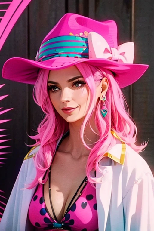 , Mature woman, pink hair, pink hat, bow, colored earrings, bikini, beautiful