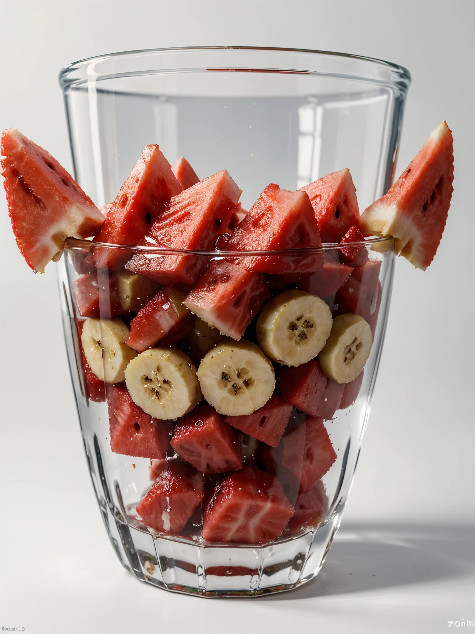 （Best quality，8K，Masterpiece：1.3）, NOhumans, Clear glass, There are a lot of watermelon slices, banana slices and strawberries in it, blend, detalhe poderoso, intense detail, on the white background, Clear detail, professional,（Hyper-realistic：1.3）