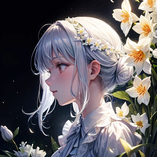 Bouquet of delicate flowers hyacinth, super transparent, Holy Light, beautiful spectral light, petals glow, flashes, Dark background, drops of transparent light, reflective light, Bright, light flowing in, optics, portrait profile, Sharp Focus, Magical, Convoluted, A hyper-realistic, Fantasy, Composition, light, Trending in art stations, pearls, Silver vapor Patronus cloud, Family of corrosive enveloping rays, 8K, Urea Air 23V4 Upright