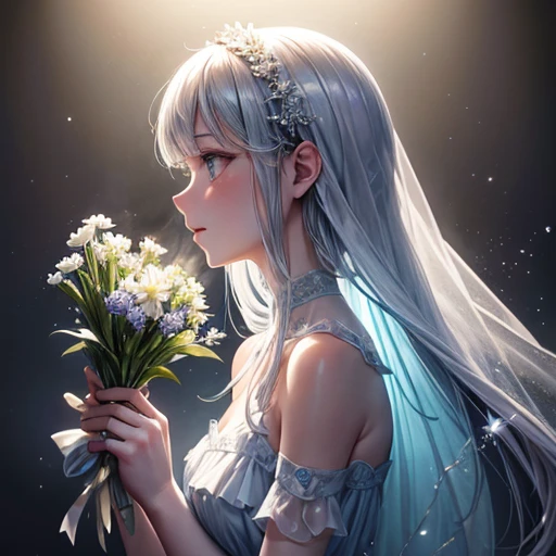 Bouquet of delicate flowers hyacinth, super transparent, Holy Light, beautiful spectral light, petals glow, flashes, Dark background, drops of transparent light, reflective light, Bright, light flowing in, optics, portrait profile, Sharp Focus, Magical, Convoluted, A hyper-realistic, Fantasy, Composition, light, Trending in art stations, pearls, Silver vapor Patronus cloud, Family of corrosive enveloping rays, 8K, Urea Air 23V4 Upright