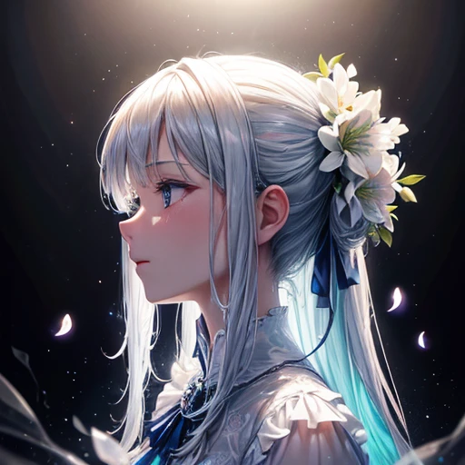 Bouquet of delicate flowers hyacinth, super transparent, Holy Light, beautiful spectral light, petals glow, flashes, Dark background, drops of transparent light, reflective light, Bright, light flowing in, optics, portrait profile, Sharp Focus, Magical, Convoluted, A hyper-realistic, Fantasy, Composition, light, Trending in art stations, pearls, Silver vapor Patronus cloud, Family of corrosive enveloping rays, 8K, Urea Air 23V4 Upright