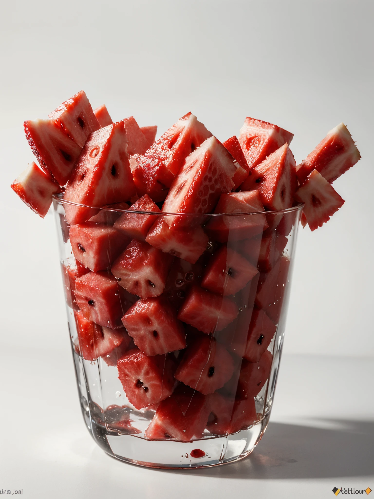 （Best quality，8K，Masterpiece：1.3）, NOhumans, Clear glass, There are a lot of watermelon slices, banana slices and strawberries in it, blend, detalhe poderoso, intense detail, on the white background, Clear detail, professional,（Hyper-realistic：1.3）