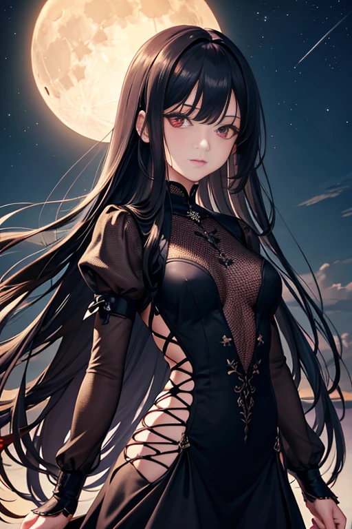 masterpiece, best quality, ultra detailed, extremely detailed, beautiful detailed glow, ultra high res, very high res, beautiful ,best aesthetic, 8k, 2d anime, adult woman, black long straight hair, see-through bang, red eyes, Chiseled Face, face shot, (small breast) (darkness), black dress, wearing thick and elegant black drees, outdoor at night, beautiful moon