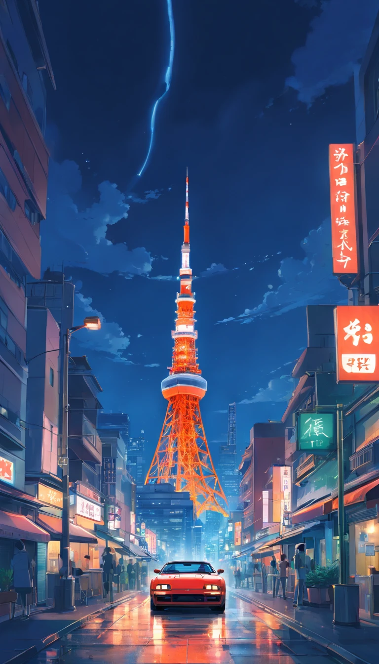 Japan Tokyo，Tokyo Tower，huge full moon，the night，Black high-tech sports car front，a high-tech city，Buildings，neon，Busy