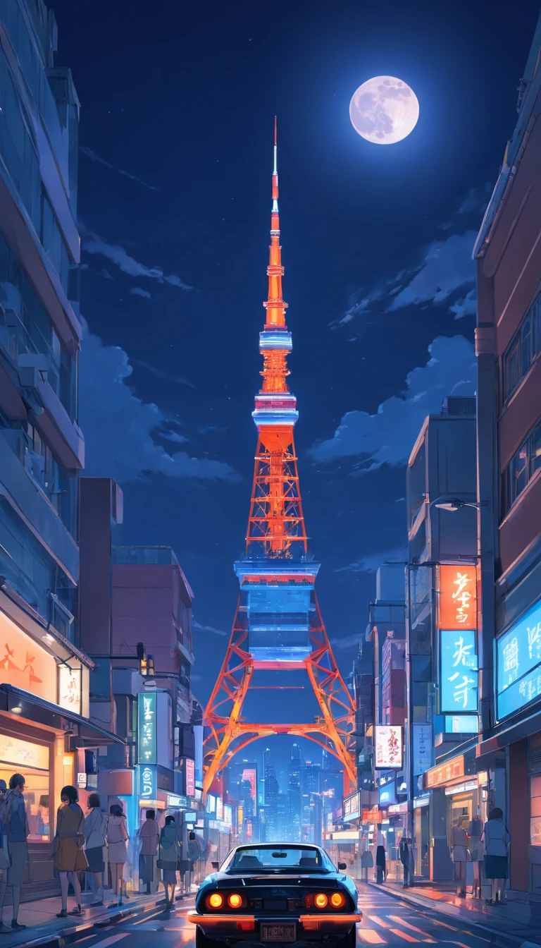 Japan Tokyo,Tokyo Tower,huge full moon,the night,Black high-tech sports car front,a high-tech city,Buildings,neon,Busy