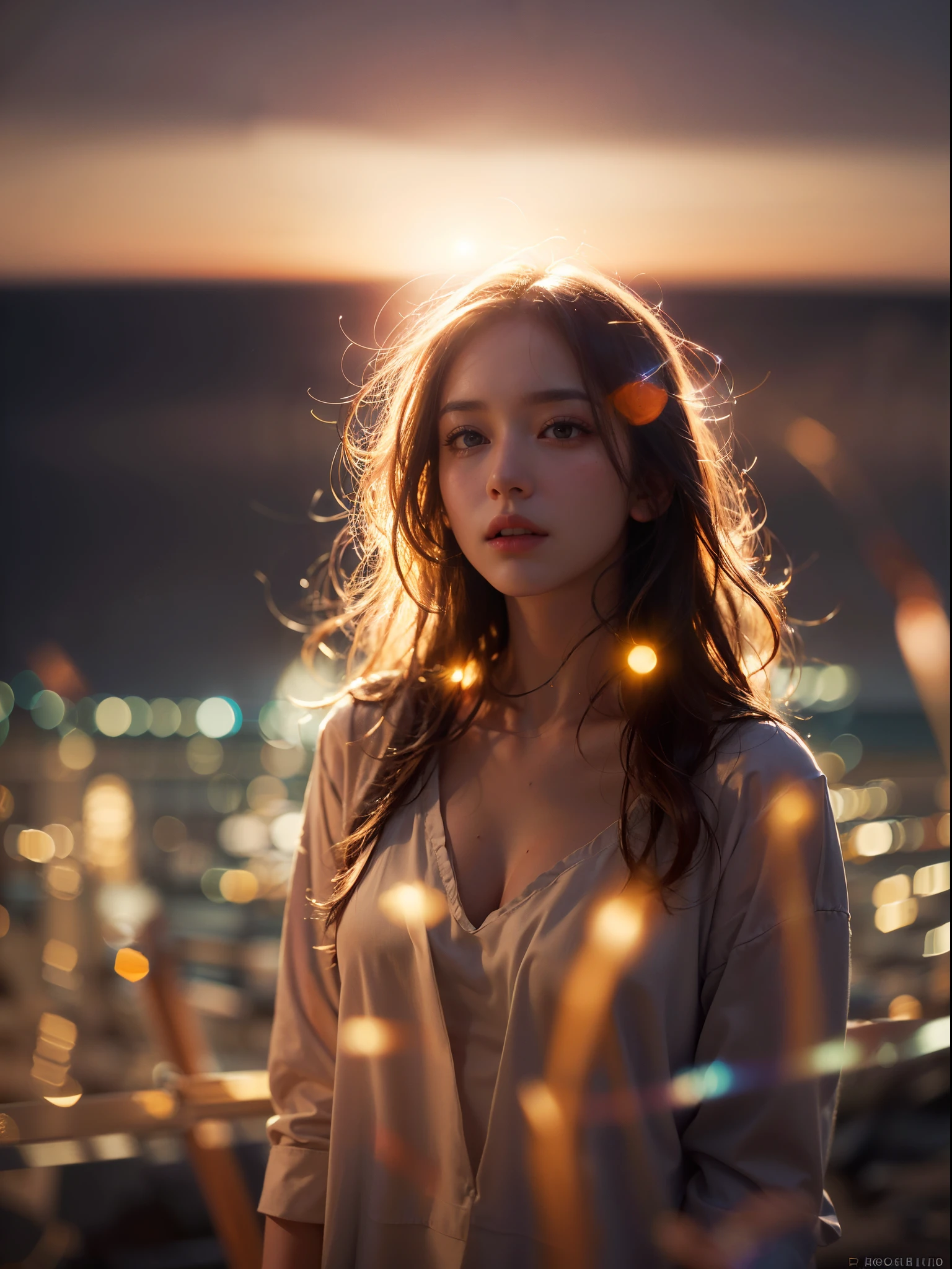 bloom, (lens flare), (8k, RAW, professional, best quality, masterpiece:1.2), (realistic,photorealistic:1.37), ultra-detailed, (25mm portrait wide angle), (anamorphic lens), ((long exposure)), (highest detailed skin:1.2), (highest detailed face:1.2), cinematic lighting, 1girl, (windy), standing on the beach, night time, warm white light, look at the camera