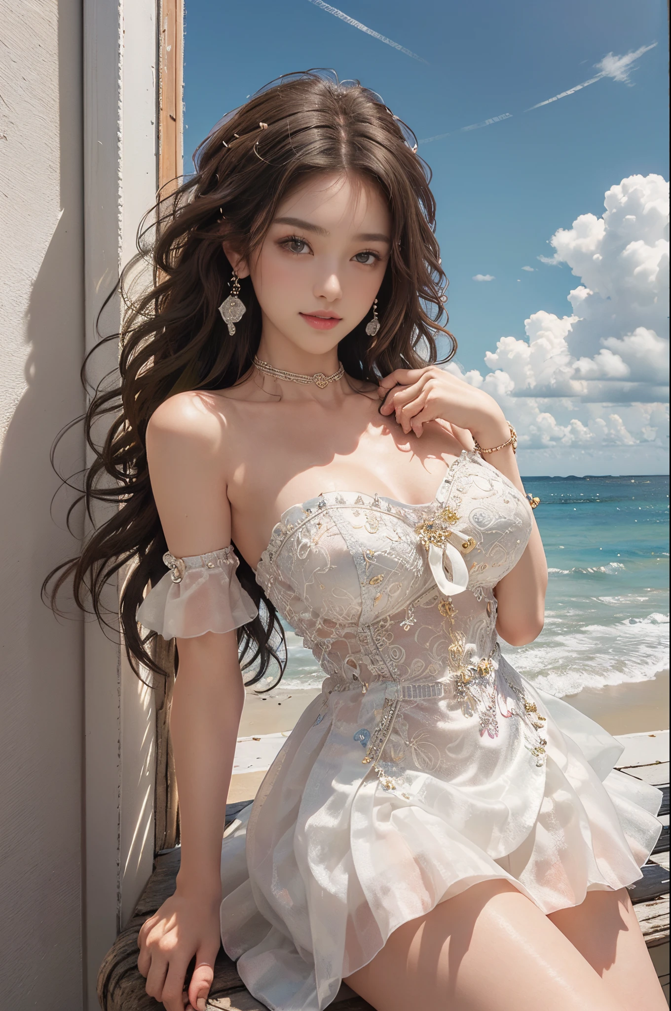 ((knee shot))), ((Front Shooting)), ((actual)), 1个Giant Breast Girl, Posing for photos, Outdoor activities, Seafront, mostly cloudy sky, standing on your feet, Cross ed leg, pretty legs,looking at viewert, detailed scene, curlies, Air bangs, beautiful hair ornaments, Brownish-yellow hair, ((Sweet girl clothes4,strapless dress,jewelry,)), warmly lit, Warm color palette, detailed detail, ultra - detailed, (tmasterpiece, Best quality), (An extremely delicate and beautiful work), elaborate earrings, delicatenecklace, simple blurr background, Extremely detailed description, Ultra-fine painting, s delicate face, slim toned body, (ssmile, teeth showing), (Anatomical correct)