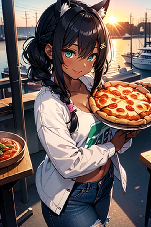 nsfw、masterpiece、best quality、super detailed dark skin、1catgirl、jadegreen eyes、dark skin、cat ears、horse tail、hair/(braided side pigtails)、flipped hair、midnight black hair、cleavage、top/(small top)、pants/(small tight torn denim hotpants)、unbuttoned pants showing pink panties、background/(sunset city-harbor)、evilish smile、mischievous smile、sticking tongue out、holding a big pizza in both hands