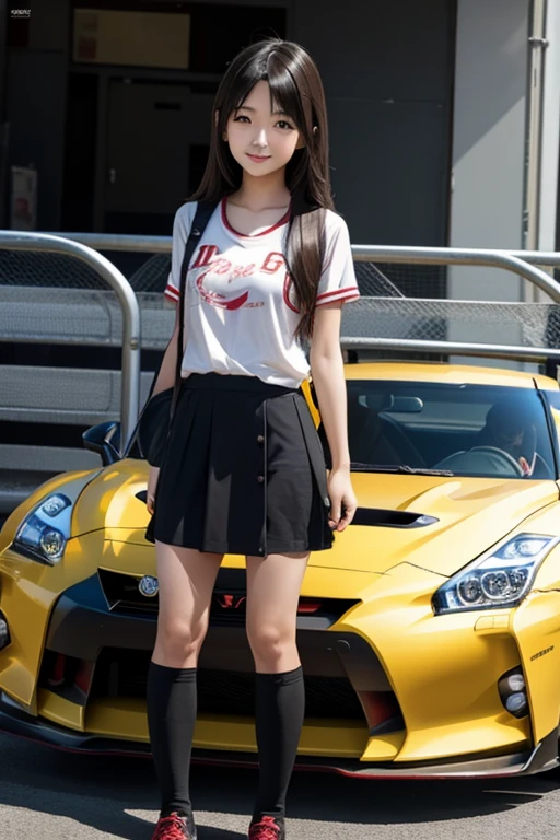 at sunny day young japanese girl with long hair stand up in the front of car toyota gtr 3, in the style of color comic anime