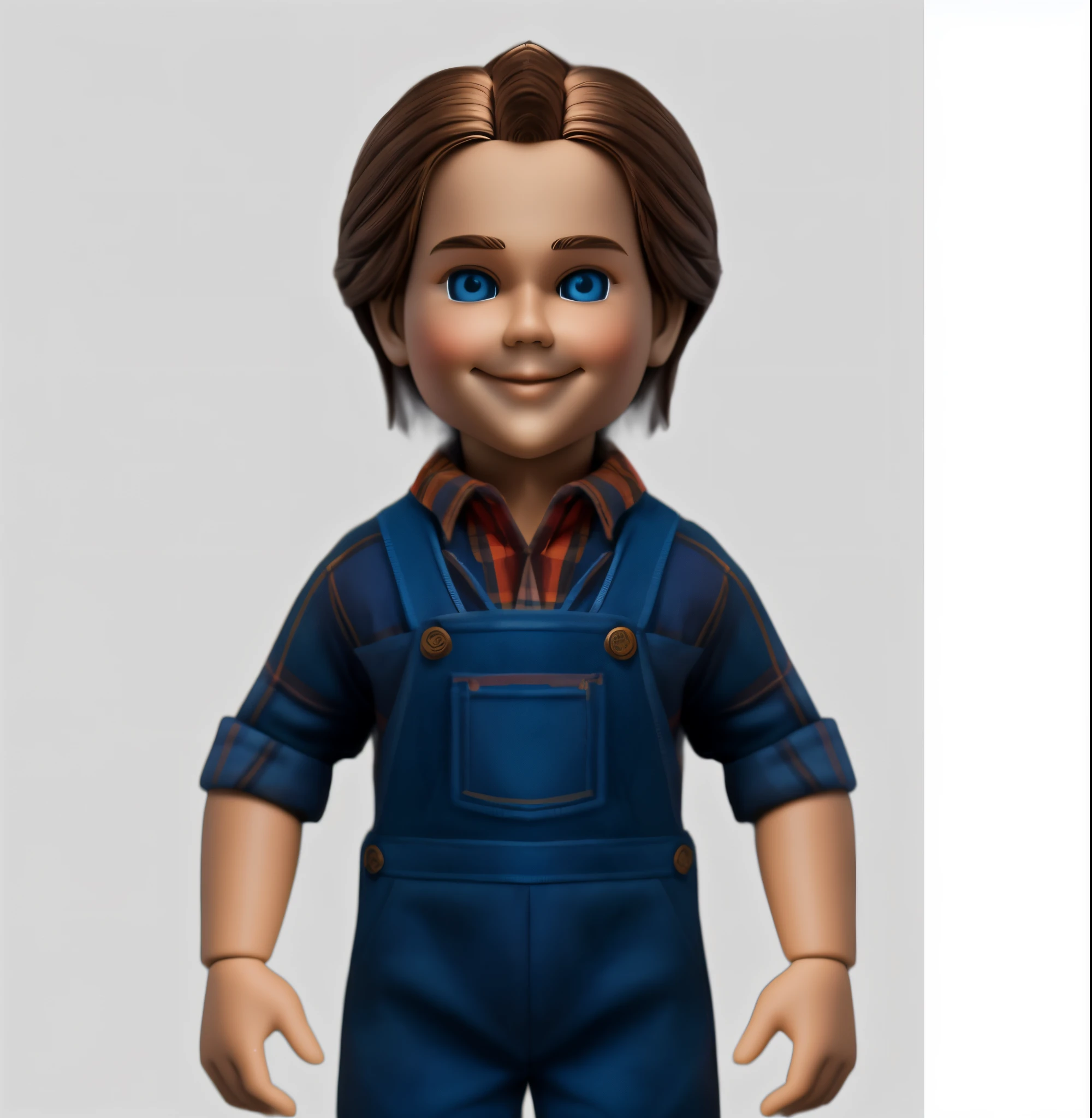 Drawing of a Good Guy doll, inspired by the doll, is a ventriloquist doll with a . plaid t-shirt and jumpsuit Your chuky straight hair is so brown, Your blue eyes shine, image in very high quality.