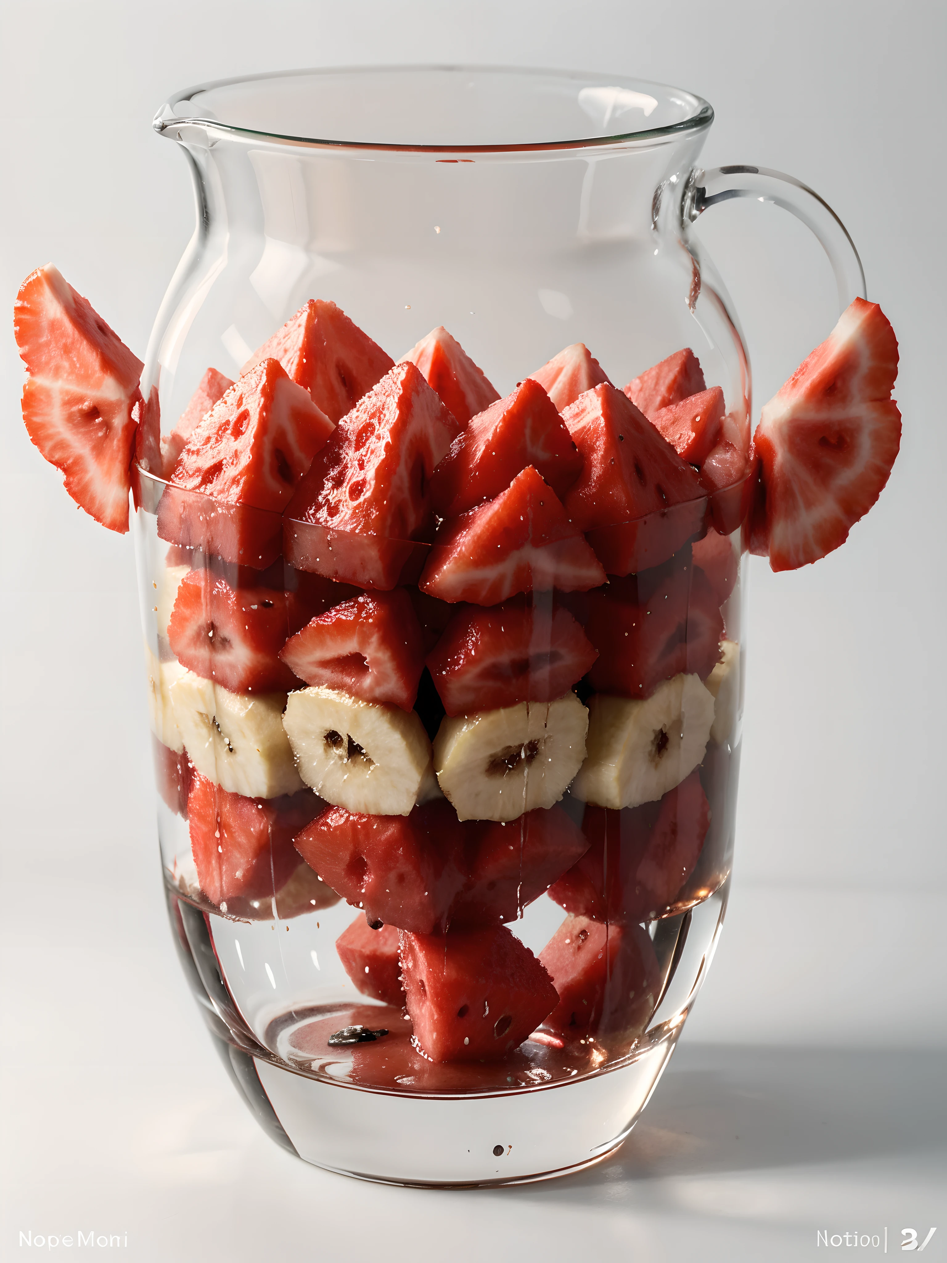 (Best quality at best,8K,tmasterpiece:1.3), without humans, Clear glass, There are many watermelon slices, There are banana slices and strawberries inside, blend, de tarhepodroso, intense detail, on the white background, Clear detail, professional,(hyper realisitc:1.3)