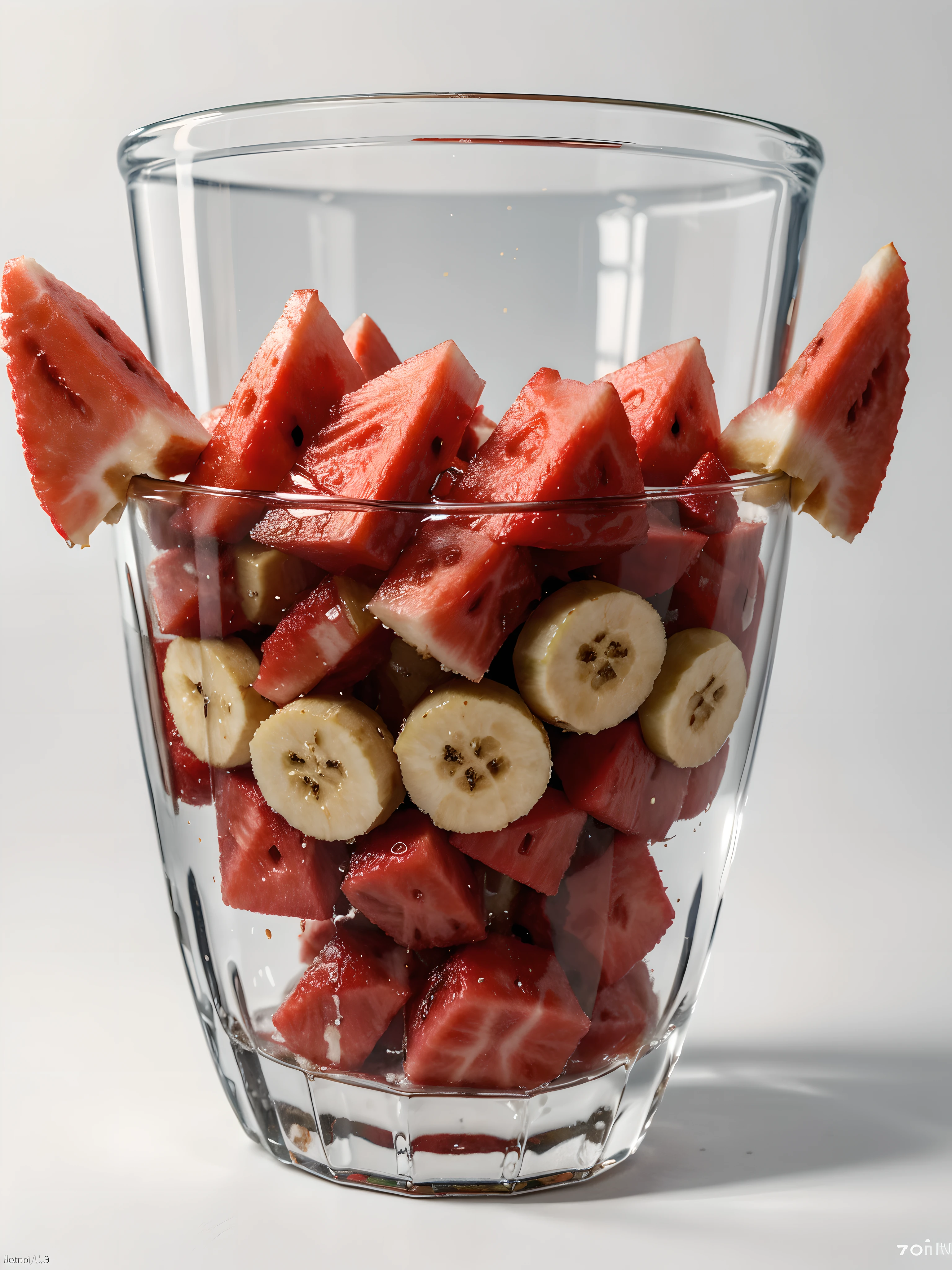 (Best quality at best,8K,tmasterpiece:1.3), without humans, Clear glass, There are many watermelon slices, There are banana slices and strawberries inside, blend, de tarhepodroso, intense detail, on the white background, Clear detail, professional,(hyper realisitc:1.3)