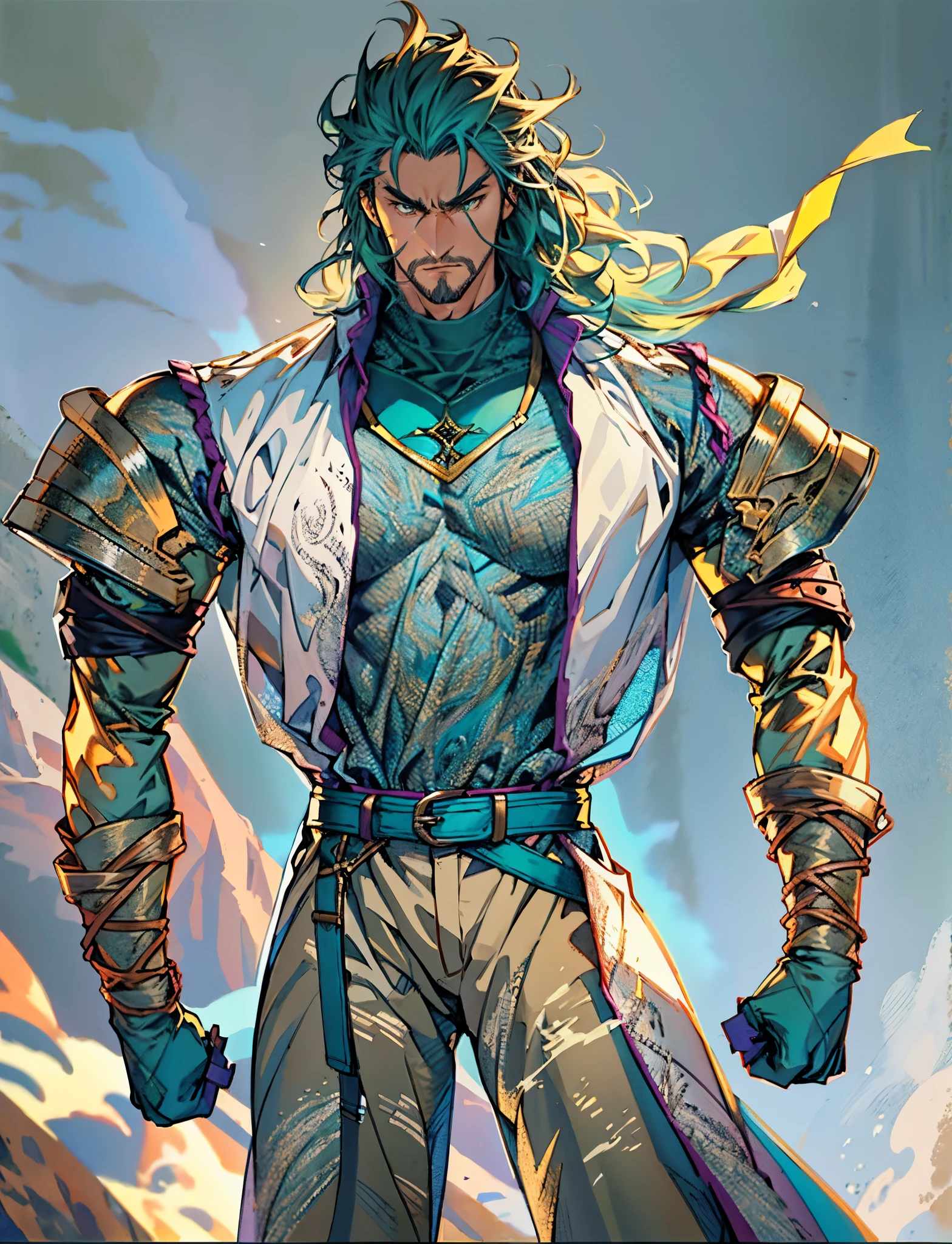A middle-aged man, long teal hair, wild and disheveled hairstyle, determined gaze, a serious expression, noble features, some stubble, a simple fantasy-style two-piece hunter outfit, a short-sleeved gray shirt, a brown fur-lined coat, a cloth belt cinches his waist, ribbons wrap around his entire arm, coarse fabric pants, stands proudly atop a mountain peak, this character embodies a finely crafted fantasy-style hunter in anime style, exquisite and mature manga art style, full body character drawing, high definition, best quality, highres, ultra-detailed, ultra-fine painting, extremely delicate, professional, anatomically correct, symmetrical face, extremely detailed eyes and face, high quality eyes, creativity, RAW photo, UHD, 8k, Natural light, cinematic lighting, masterpiece-anatomy-perfect, masterpiece:1.5