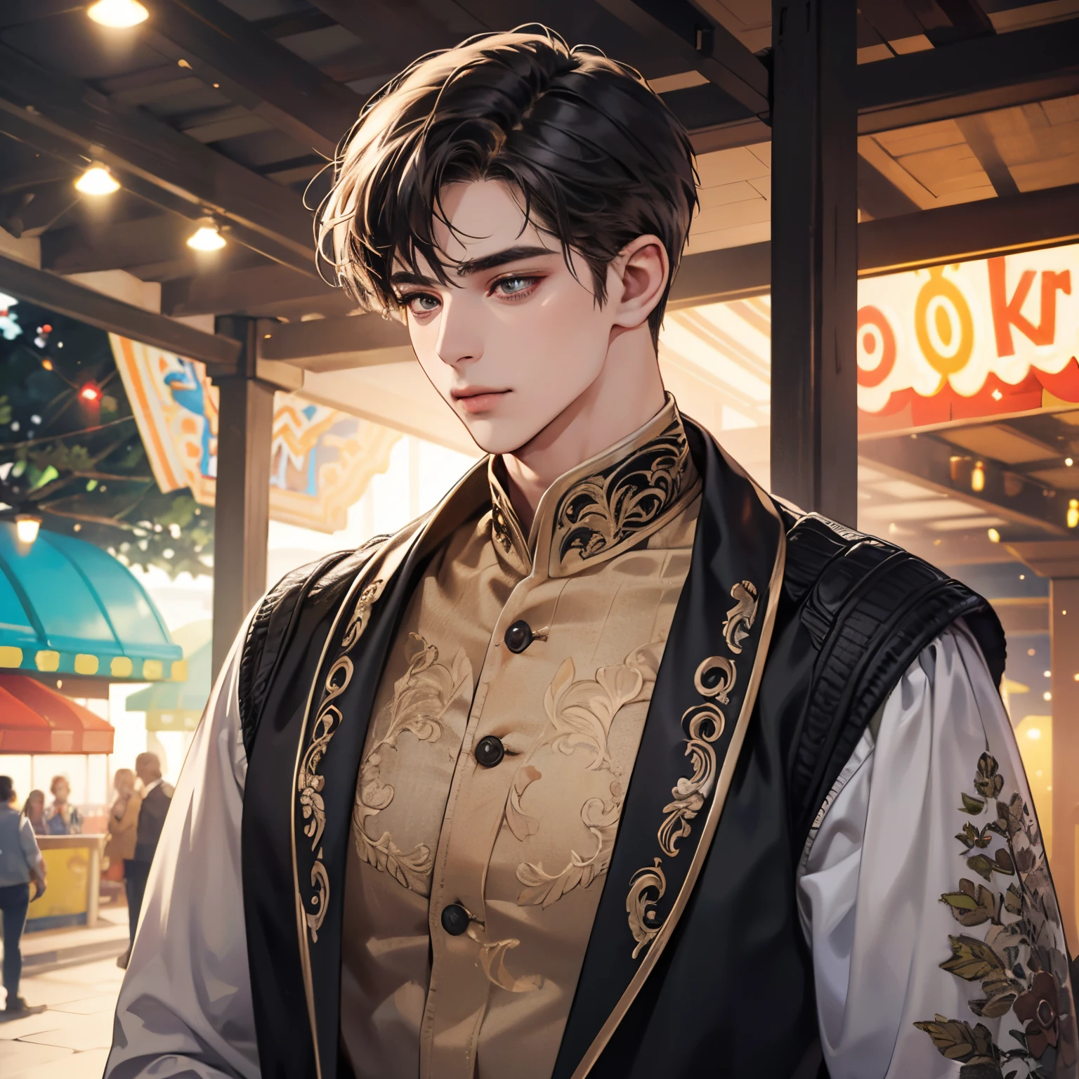 Gorgeous 25-year-old boy in an amusement park, happy, broad shoulders, clear focus (clutter - house: 0.8), (masterpiece: 1.2) (Realistic: 1.2) (Bokeh) (Best quality) (Detailed skin: 1.3) (Intricate details) (8K) (Detail eyes) (Sharp focus), (Happy) --auto