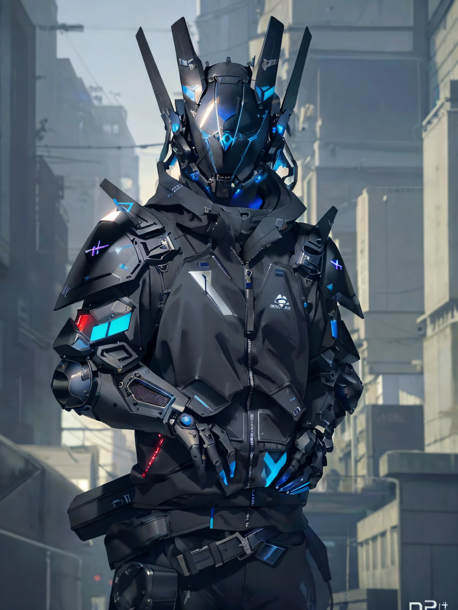 ((best quality, masterpiece, high resolution, ultra realistic, extreme detailed)), BREAK, mechanical sci-fi mask, pilot, numbers appearing on the hud of the mask, (detailed black armour mask), (wearing a black jacket), realistic lighting, blue accent color, unreal engine 5, super cool, (stylish), simple, male, (cyberpunk background)