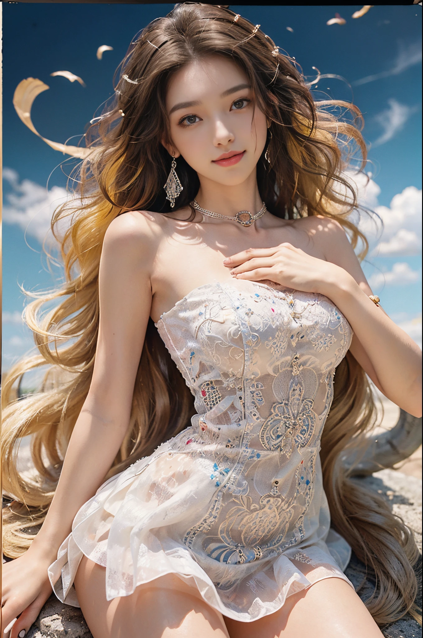 ((knee shot))), ((Front Shooting)), ((actual)), 1个Giant Breast Girl, Posing for photos, Outdoor activities, Seafront, mostly cloudy sky, standing on your feet, Cross ed leg, pretty legs,looking at viewert, detailed scene, curlies, Air bangs, beautiful hair ornaments, Brownish-yellow hair, ((Sweet girl clothes4,strapless dress,jewelry,)), warmly lit, Warm color palette, detailed detail, ultra - detailed, (tmasterpiece, Best quality), (An extremely delicate and beautiful work), elaborate earrings, delicatenecklace, simple blurr background, Extremely detailed description, Ultra-fine painting, s delicate face, slim toned body, (ssmile, teeth showing), (Anatomical correct)