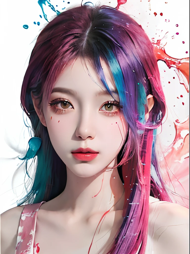 (Masterpiece, Best Quality, High Resolution), White Background, ((Paint Splash, Color Splash, Splash of Ink, Color Splash)), Sweet Chinese Girl, Rainbow Hair, Pink Lips, Front, Upper Body