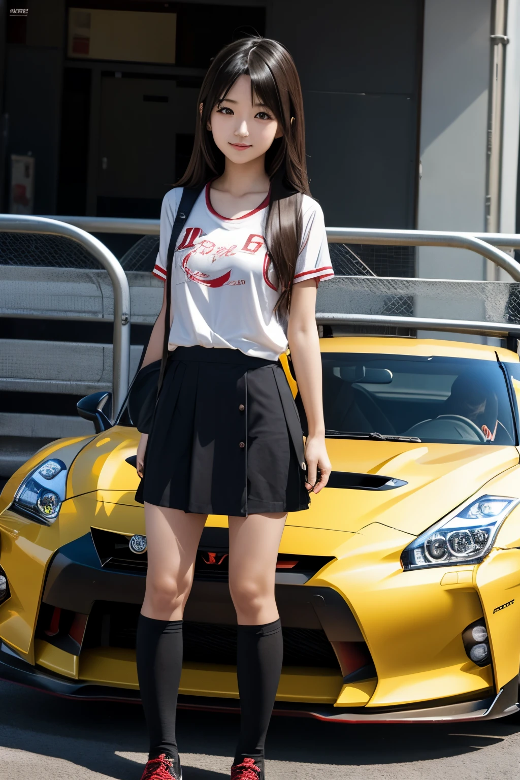 at sunny day young japanese girl with long hair stand up in the front of car toyota gtr 3, in the style of color comic anime