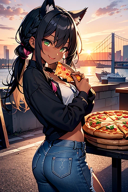 nsfw、masterpiece、best quality、super detailed dark skin、1catgirl、jadegreen eyes、dark skin、cat ears、horse tail、hair/(braided side pigtails)、flipped hair、midnight black hair、cleavage、top/(small top)、pants/(small tight torn denim hotpants)、unbuttoned pants showing pink panties、background/(sunset city-harbor)、evilish smile、mischievous smile、sticking tongue out、holding a big pizza