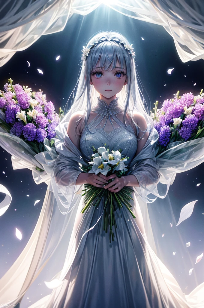 1girl in, Full body, Bouquet of delicate flowers hyacinth, super transparent, Holy Light, beautiful spectral light, petals glow, flashes, Dark background, drops of transparent light, reflective light, Bright, light flowing in, optics, portrait profile, Sharp Focus, Magical, Convoluted, A hyper-realistic, Fantasy, Composition, light, Trending in art stations, pearls, Silver vapor Patronus cloud, Family of corrosive enveloping rays, 8K, Urea Air 23V4 Upright