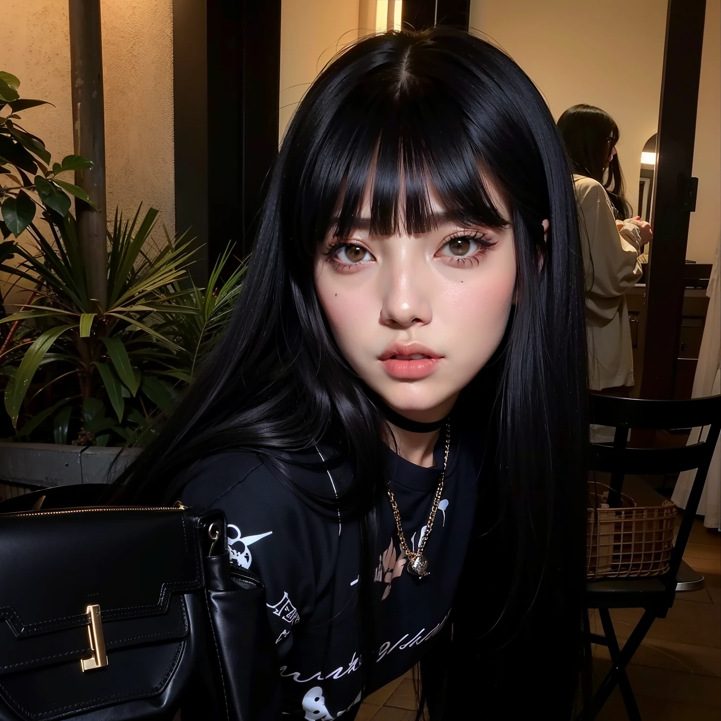 there is a woman with long black hair and a black bag, Ela tem cabelo preto com franja, cabelo preto longo com franja, cabelo blackbangs cabelo, cabelos escuros longos com franja, cabelo comprido com franja completa, Retrato de Jossi de Blackpink, franja preta, cabelo preto e franja branca, com franja completa, cabelos longos com franja, Sui Ishida com cabelo preto