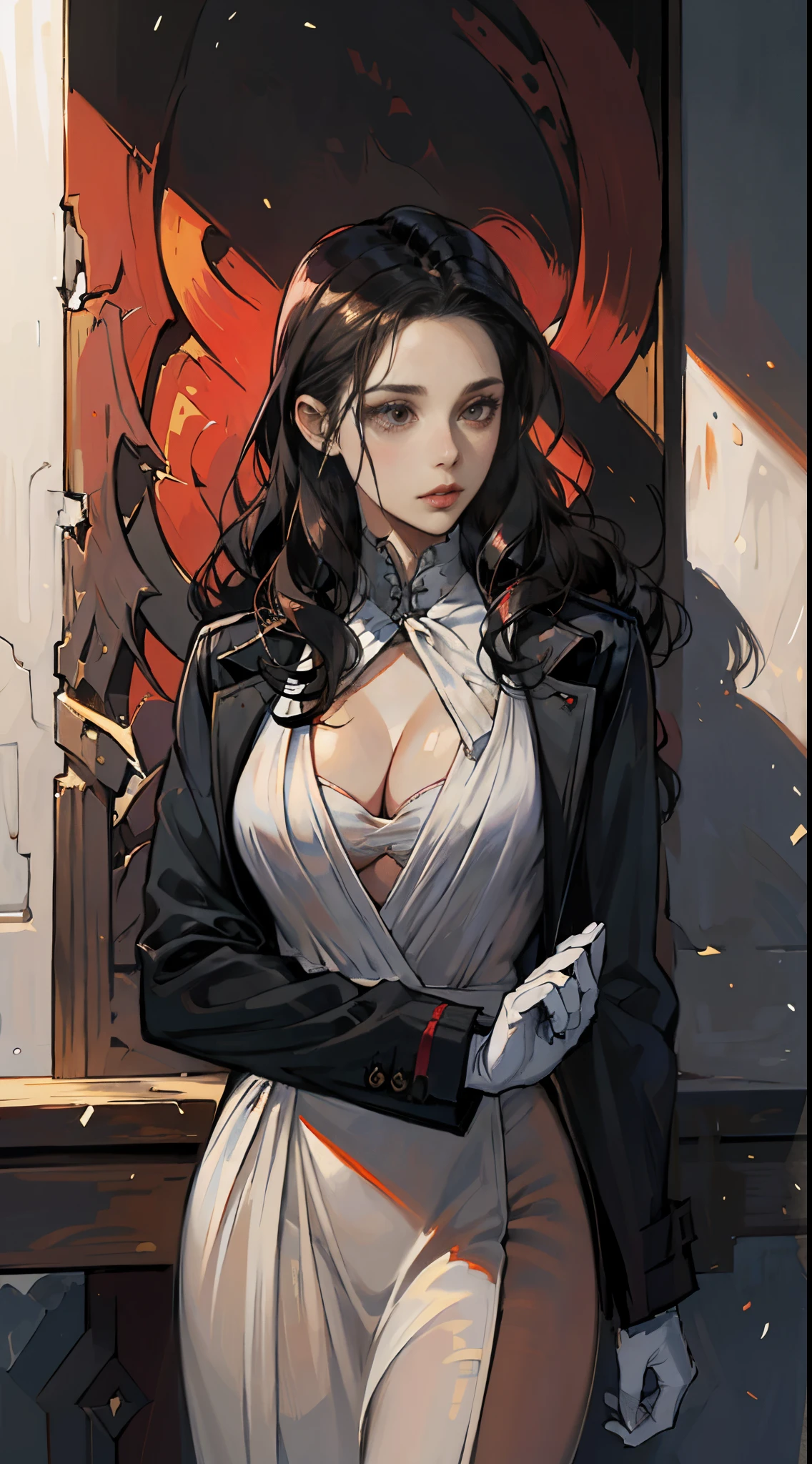 A female character,femele,Sister,solid color backdrop,character design,Conceptual role,buisness suit,trouser,Left hand wearing red glove,combats,black long curly hair,gallant,Chic and handsome,Imperial sister,closeup cleavage,Splashed blood