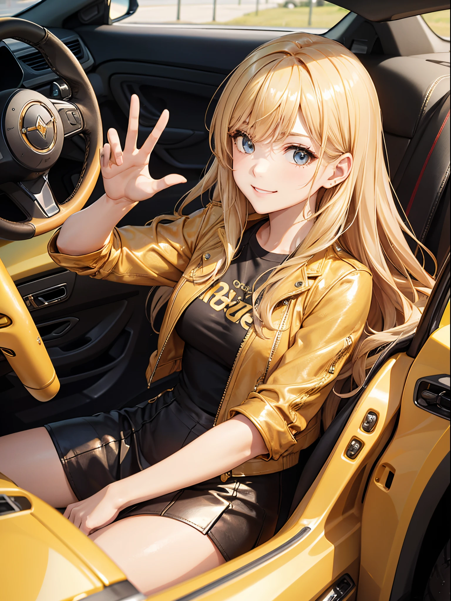 master piece,best quality, Solo woman, cute, sitting, gold color leather jacket, T-shirt, gold  color tight skirt, shy smile, gold  color hair, long hair, waving in a strong wind hair, driving a golden sports car