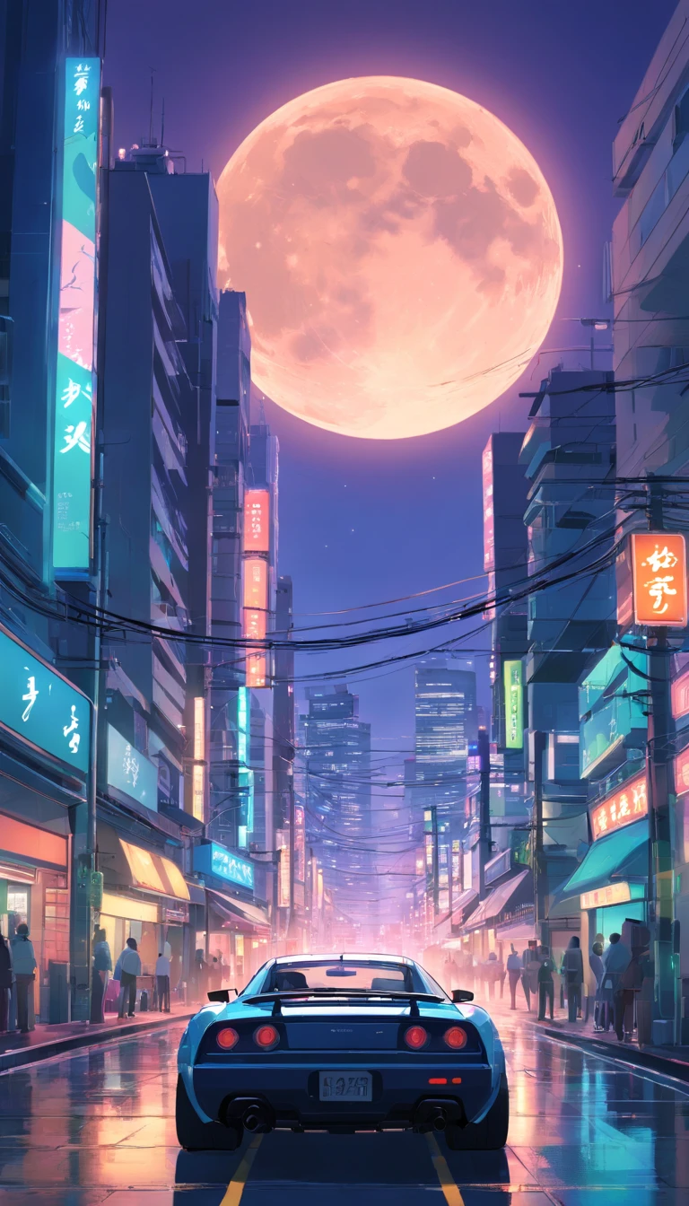 Japan Tokyo，Future technology，huge full moon，the night，Black high-tech sports car，mechanised，a high-tech city，Buildings，neon，Busy