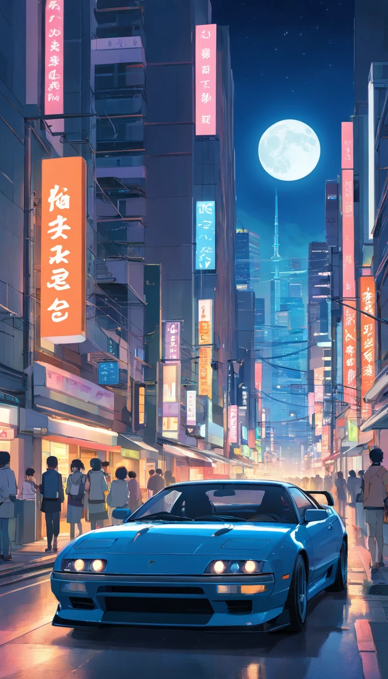 Japan Tokyo,Future technology,huge full moon,the night,Black high-tech sports car,mechanised,a high-tech city,Buildings,neon,Busy