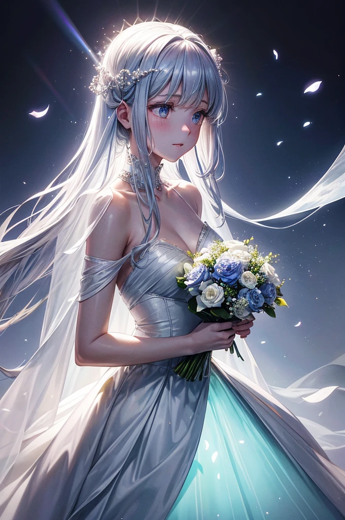 1girl in, Full body, Bouquet of delicate flowers hyacinth, super transparent, Holy Light, beautiful spectral light, petals glow, flashes, Dark background, drops of transparent light, reflective light, Bright, light flowing in, optics, portrait profile, Sharp Focus, Magical, Convoluted, A hyper-realistic, Fantasy, Composition, light, Trending in art stations, pearls, Silver vapor Patronus cloud, Family of corrosive enveloping rays, 8K, Urea Air 23V4 Upright,Sun shining on crystal glass against sea and mountains