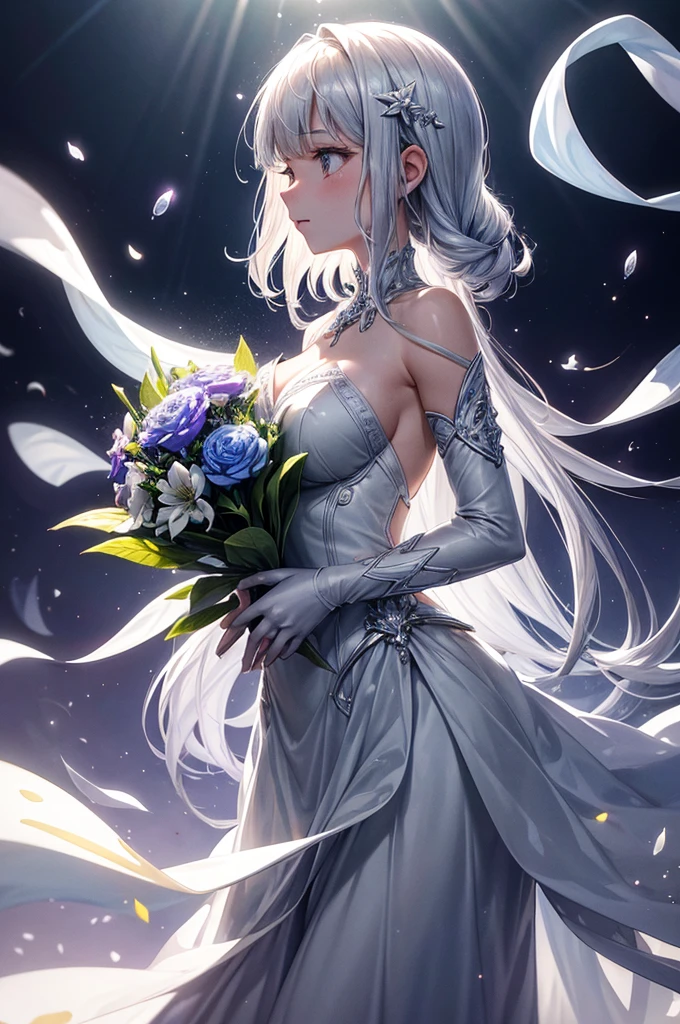 1girl in, Full body, Bouquet of delicate flowers hyacinth, super transparent, Holy Light, beautiful spectral light, petals glow, flashes, Dark background, drops of transparent light, reflective light, Bright, light flowing in, optics, portrait profile, Sharp Focus, Magical, Convoluted, A hyper-realistic, Fantasy, Composition, light, Trending in art stations, pearls, Silver vapor Patronus cloud, Family of corrosive enveloping rays, 8K, Urea Air 23V4 Upright,Sun shining on crystal glass against sea and mountains