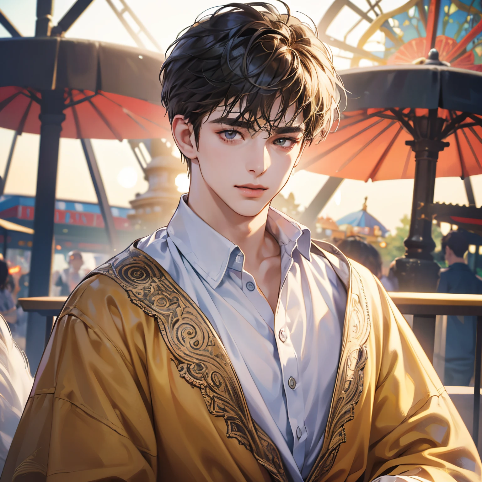 Gorgeous 25-year-old boy in an amusement park, happy, broad shoulders, clear focus (clutter - house: 0.8), (masterpiece: 1.2) (Realistic: 1.2) (Bokeh) (Best quality) (Detailed skin: 1.3) (Intricate details) (8K) (Detail eyes) (Sharp focus), (Happy) --auto