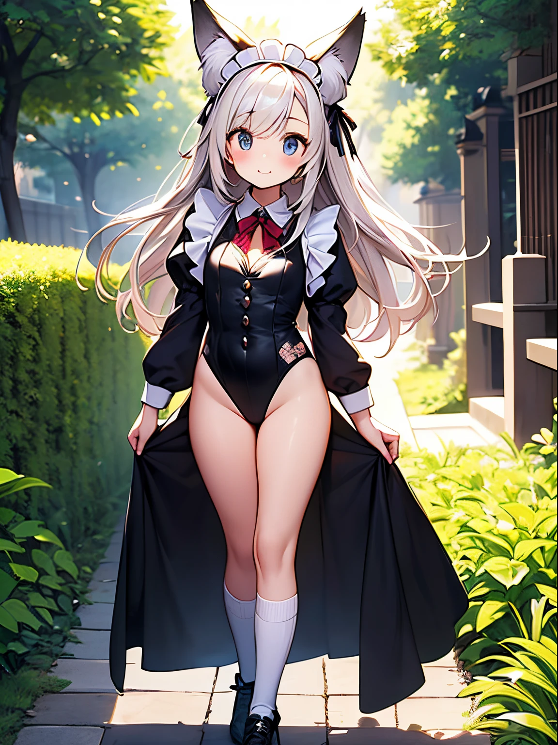 Beautiful illustration、top-quality、cute petit girl、(transform sequence)、Beautiful maid clothes、((brilliant leotard))、12year old、elementary student、Slender beautiful girl、Fractal Art、baby-face、Silver Straight Long Hair、beautiful detailed blue eyes、kindly smile、Full Body Display、Western-style garden、(1 persons)、long-sleeve、Bright, beautiful sunny garden、(knee high socks)、is standing、(highleg)、You can see the chest