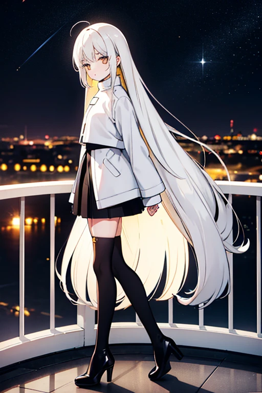 Petite and slender woman with long yellow hair, wearing a white turtleneck sweater and a black leather jacket on top, a mini skirt (black), white stockings, and high-heeled black boots. She is standing on a balcony, looking at the starry sky on a brightly moonlit night.