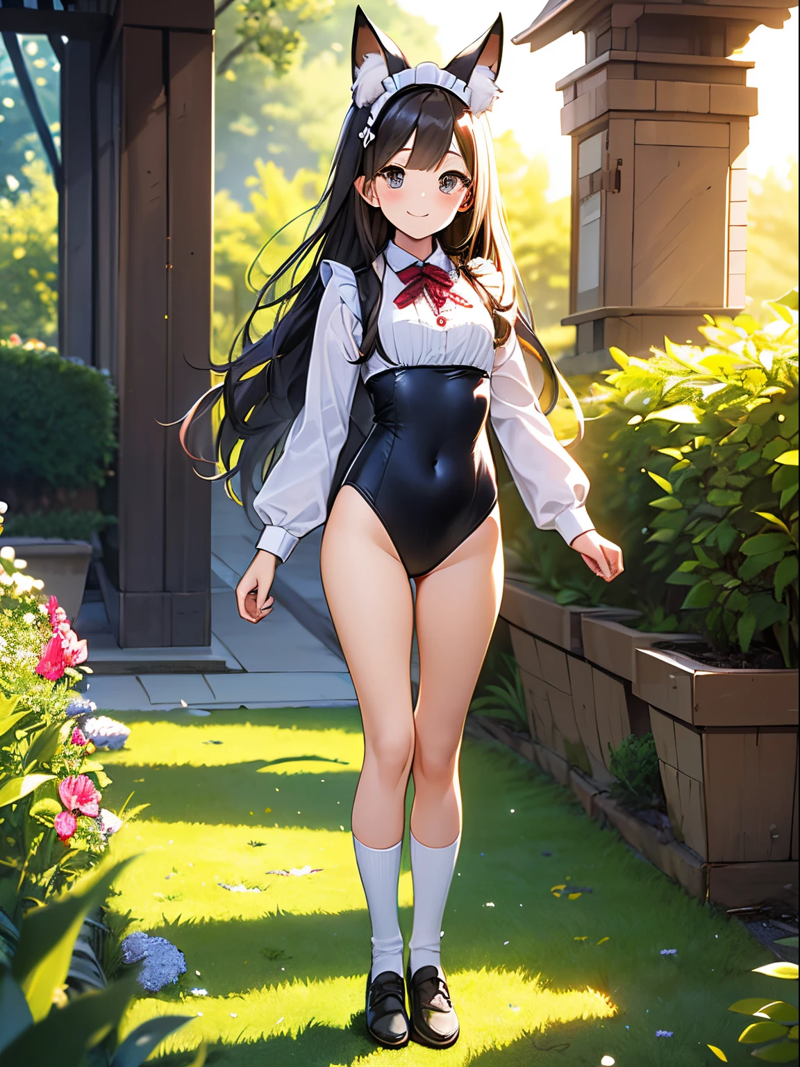 Beautiful illustration、top-quality、cute it girl、(transform sequence)、((maid style leotard))、sixender beautiful girl、Fractal Art、baby-face、((stright haireatiful detailed eyes、A smile、Full Body Display、Western-style garden、(1 persons)、long-sleeve、landscaped gardens、(knee high socks)、is standing、(highleg)、Fox ears、