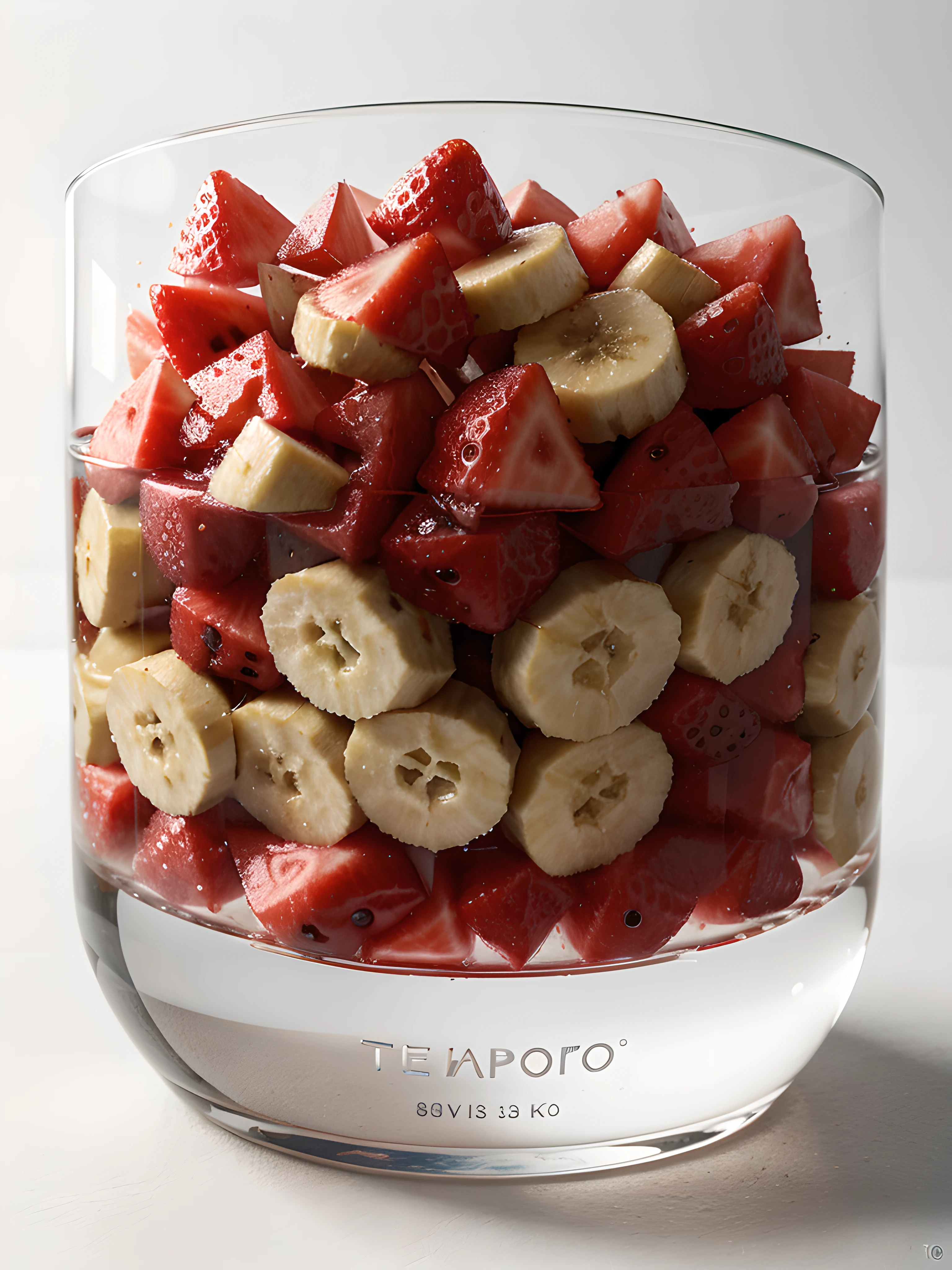 （Best quality，8K，tmasterpiece：1.3）, without humans, Clear glass, There are many watermelon slices, There are banana slices and strawberries inside, blend, Detah Podrosso, intense detail, on the white background, Clear detail, professional,（hyper realisitc：1.3）