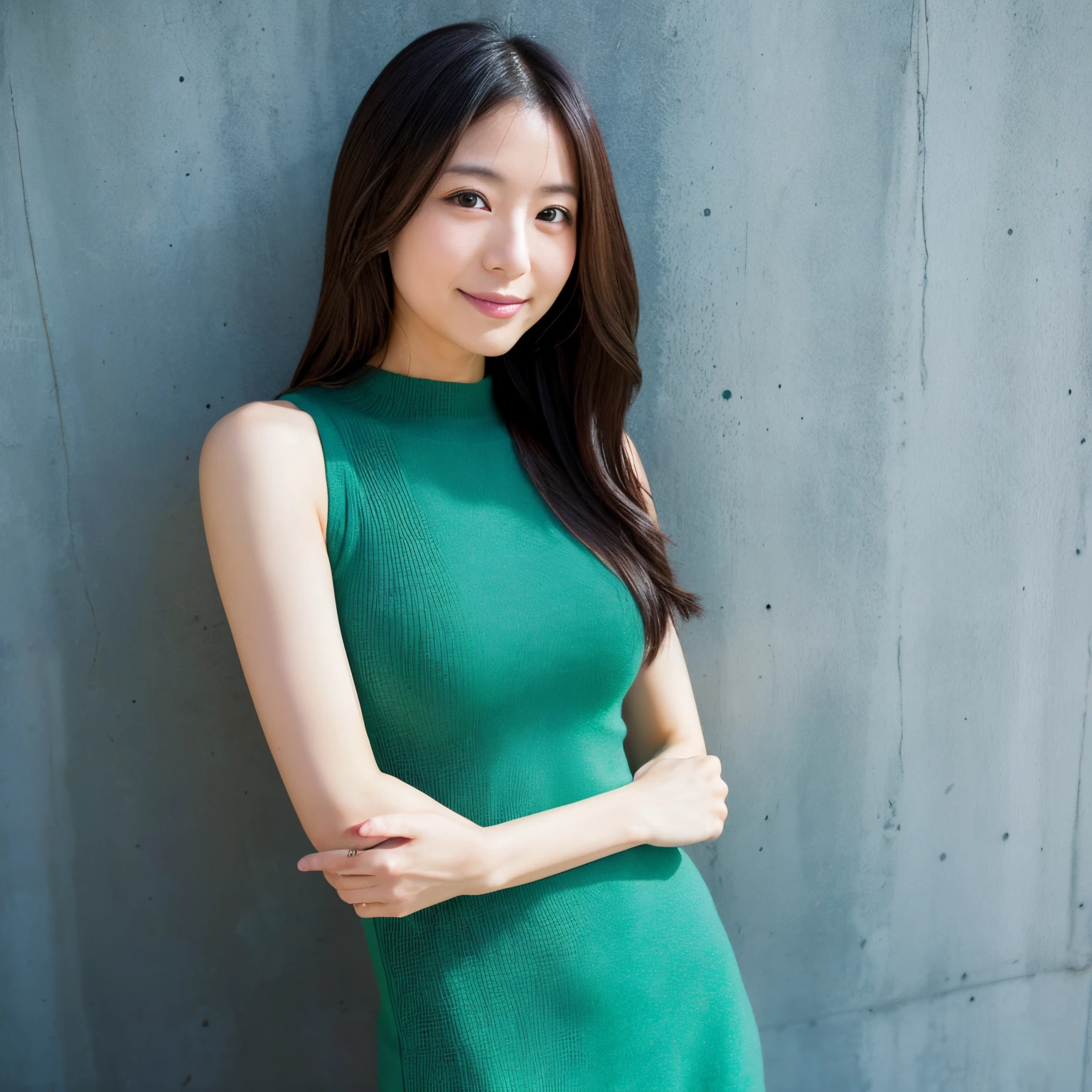 Japanese lady, 35 years old, posing to viewer, solo:1, random place, random background, random pose, long hair, upper body, tight knit dress