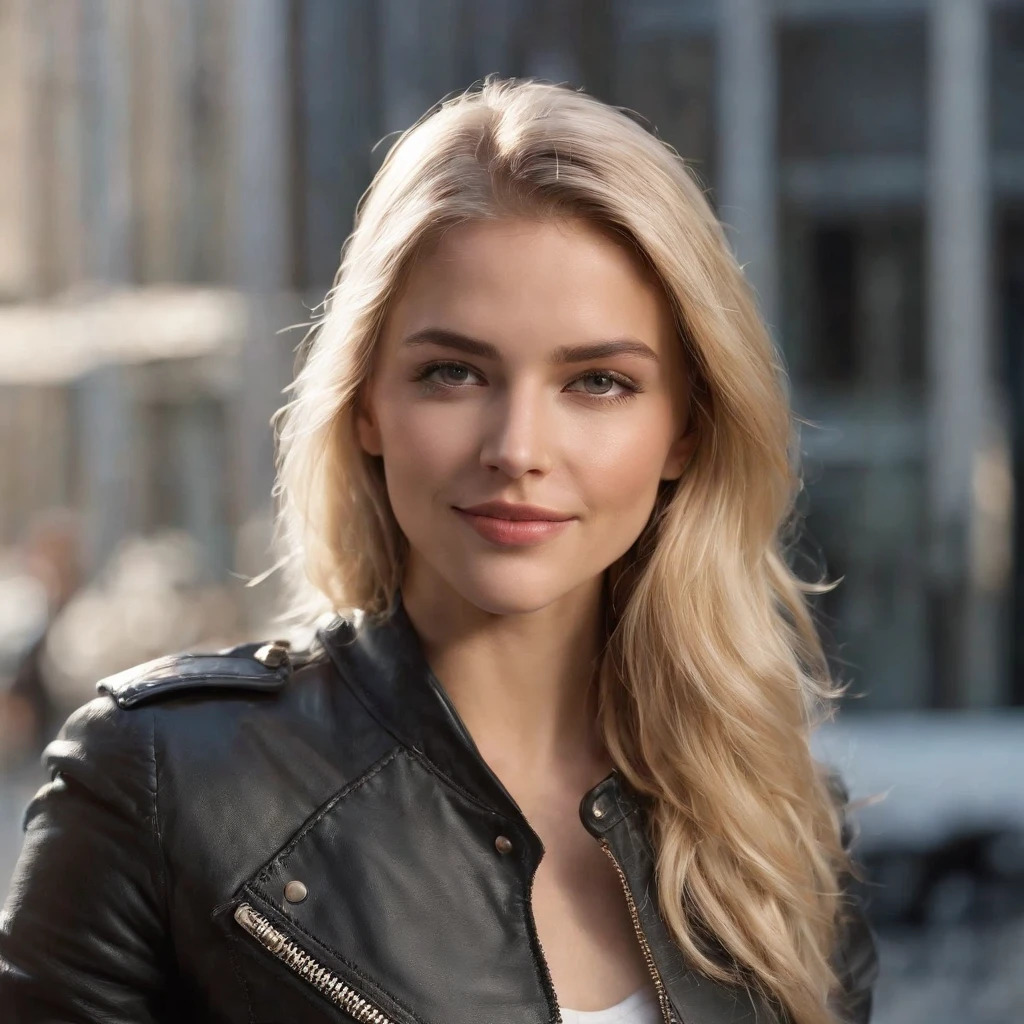 atalho,Ultra resolution,blonde girl,Black jacket,esportes,skinny jeans,motocross,Cidade Noturna,Cena noturna,Sorriso legal,coloque o cabelo para cima,corpo inteiro em uma moto de trilha