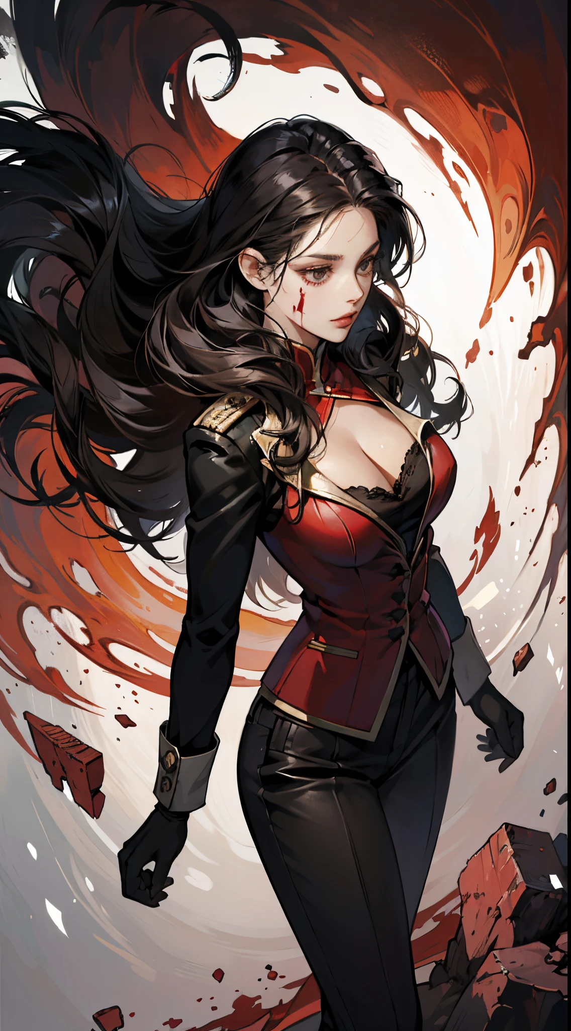 A female character，femele，Sister，solid color backdrop，character  design，Conceptual role，buisness suit，trouser，Left hand wearing red glove，combats，black long curly hair，gallant，Chic and handsome，Imperial sister，Close-up cleavage，Splashing blood