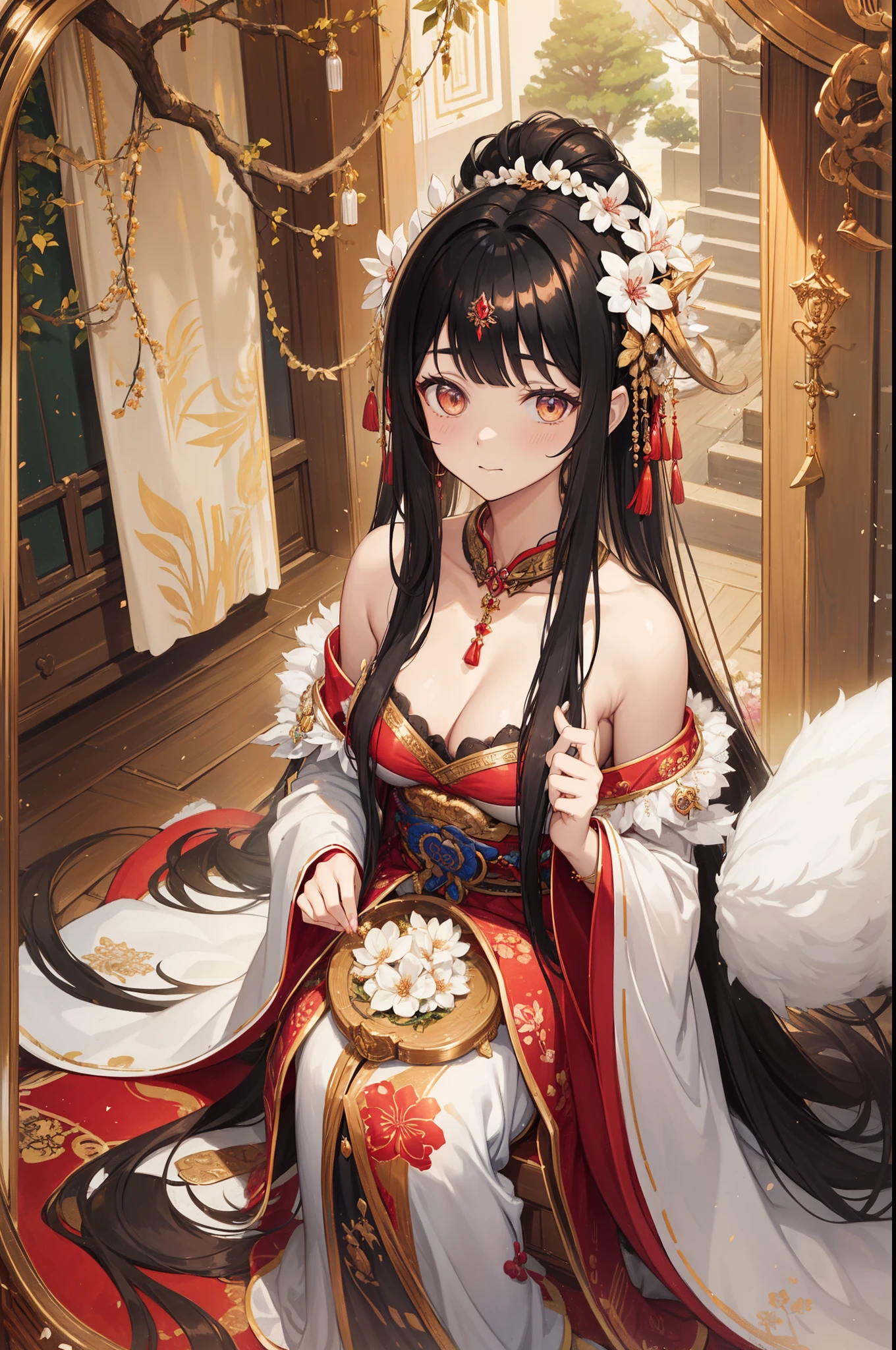 (tmasterpiece:1.2),Atdan, 1 plump girl, Alone, Branch, blossom flower, jewely, a skirt, ear nipple ring, that tree, through bangs, Long gray hair, hair adornments, view the viewer, Chinese clothes, black hair color hair, hairflower, Brown hair, exposed bare shoulders, Very long hair, Wide sleeves, longer sleeves