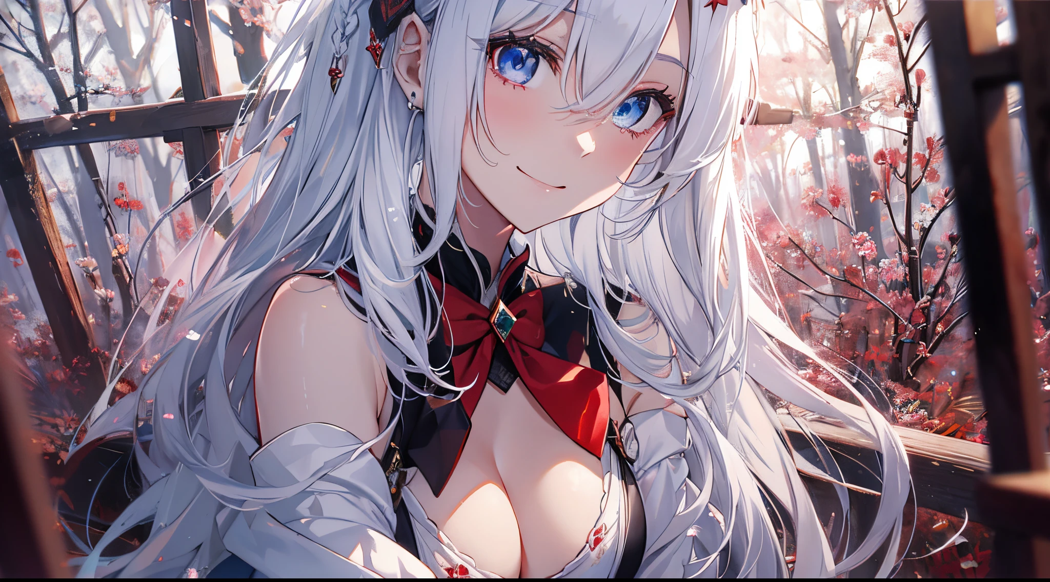 ((tmasterpiece:1.4,Best quality at best))+,(hyper-detailing)+,(A detailed eye:1.5)+,(White dragon horn:1.5),(cute girls),(Sky Blue Eye:1.5),white hair colored hair,Extra-long hair,Braided edges on both sides,(wariza:1.2),pale-skinned,Seductive smile,black crystal block,red bowtie,(red and white witch costume:1.5),(Red ribbons,White stockings:1.4),dense fog,metal chains,Sakura NS,Silk gloves,shrines,torii,(Japan Priestess:1.1),(dawn light:1.2),),(Close-up cleavage:1.1),(elevation perspective:1.3)
