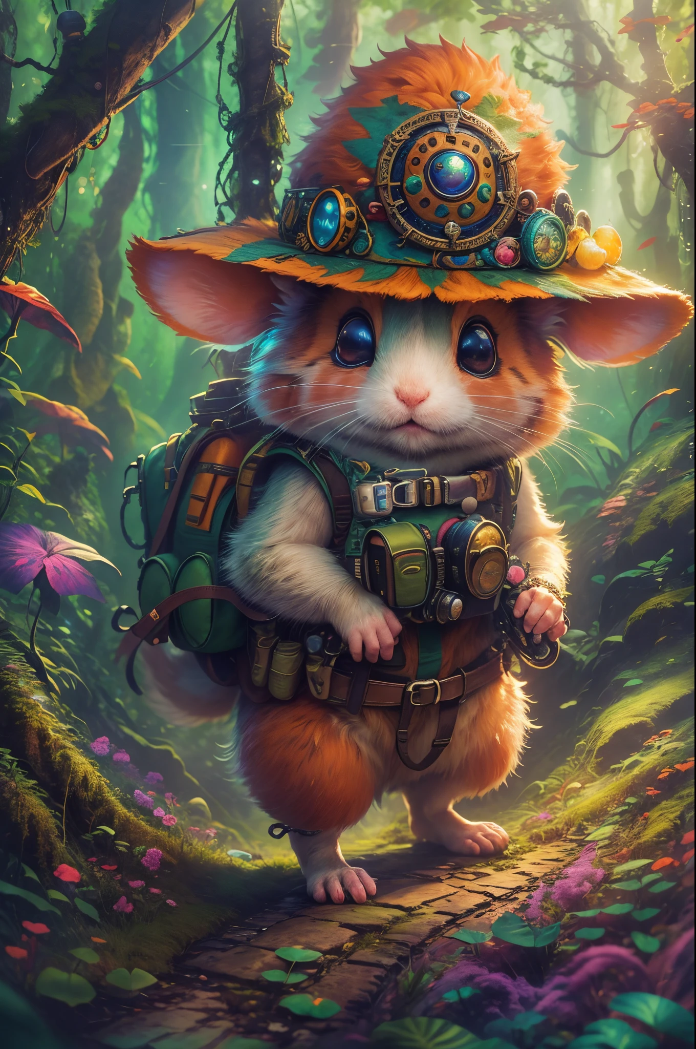 (Best quality, 8K, A high resolution, tmasterpiece:1.2), ultra - detailed, (actual, realistically, realisticlying:1.37), vibrant with colors, Magical atmosphere, Whimsical, ((1 cute hamster adventurer，Wear a set of lightweight and durable adventure gear，Camouflage color adventure vest，Wearing an adventure hat，Bring a small hiking pole, Explore a Mayan temple in a pristine jungle)), Surreal, Psychedelic, Complicated details, Beautiful texture, Ethereal, like a dream, Soft glowing light, Charming Patterns, Fantasy creatures, Hidden surprises, dreamlike landscapes, Surreal color palette, Mystic aura, ultra-realistic realism, Enchanting journey, psychedelic trip, vivid imagination, immersive experience, mysterious creature, otherworldly charm, glowing paths, light up the forest floor, surreal sky, whimsical characters, glowing light eyes, a magical encounter, adventure helmet, Fascinating artwork
