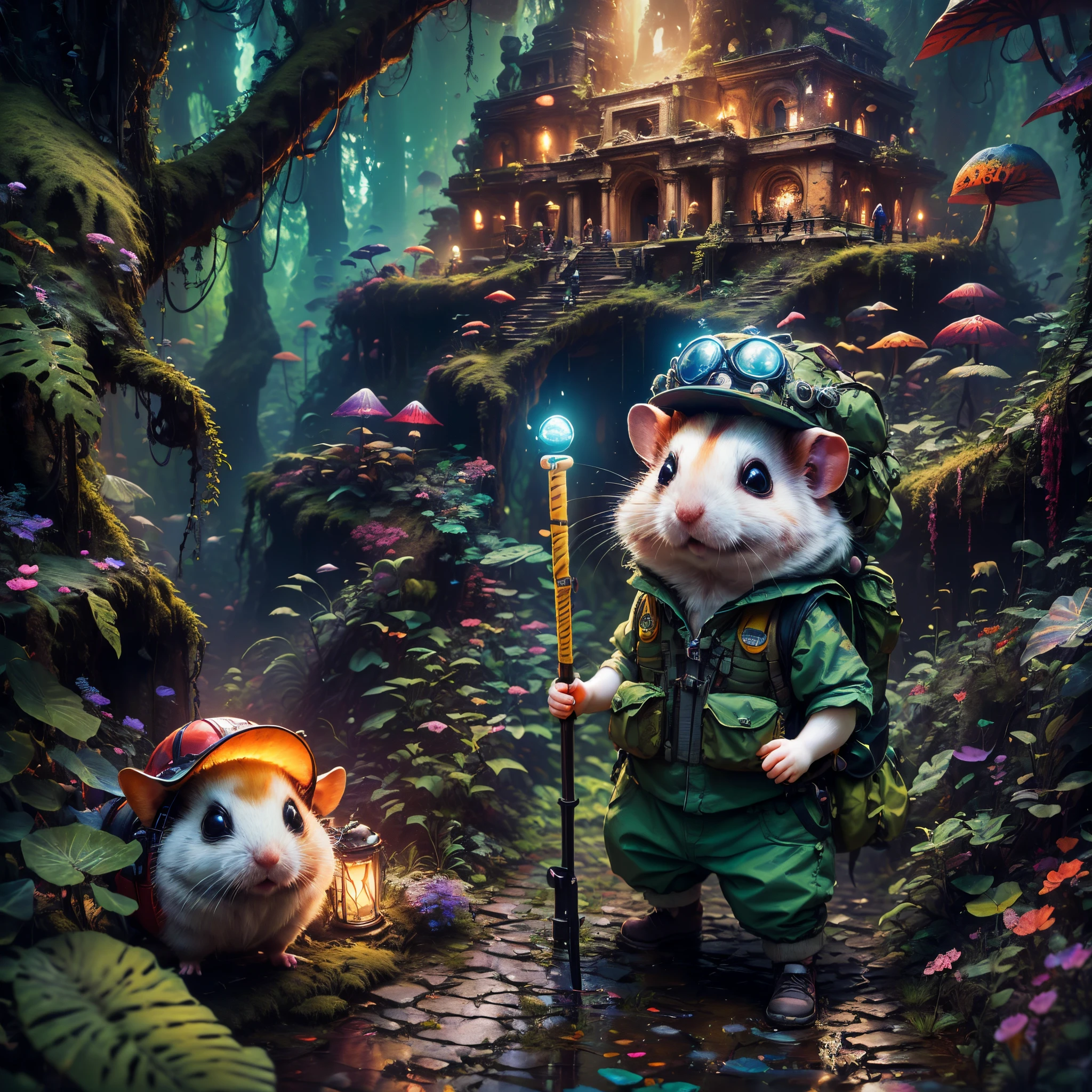 (Best quality at best, 8K, A high resolution, tmasterpiece:1.2), ultra - detailed, (actual, realistically, realistically:1.37), vibrant with colors, magical ambiance, Whimsical, ((1 cute hamster adventurer，Wear lightweight, durable adventure gear，Camouflage Colorful Adventure Vest，Wearing an adventure hat，Bring a small hiking pole, Explore a Mayan temple in the pristine jungle))