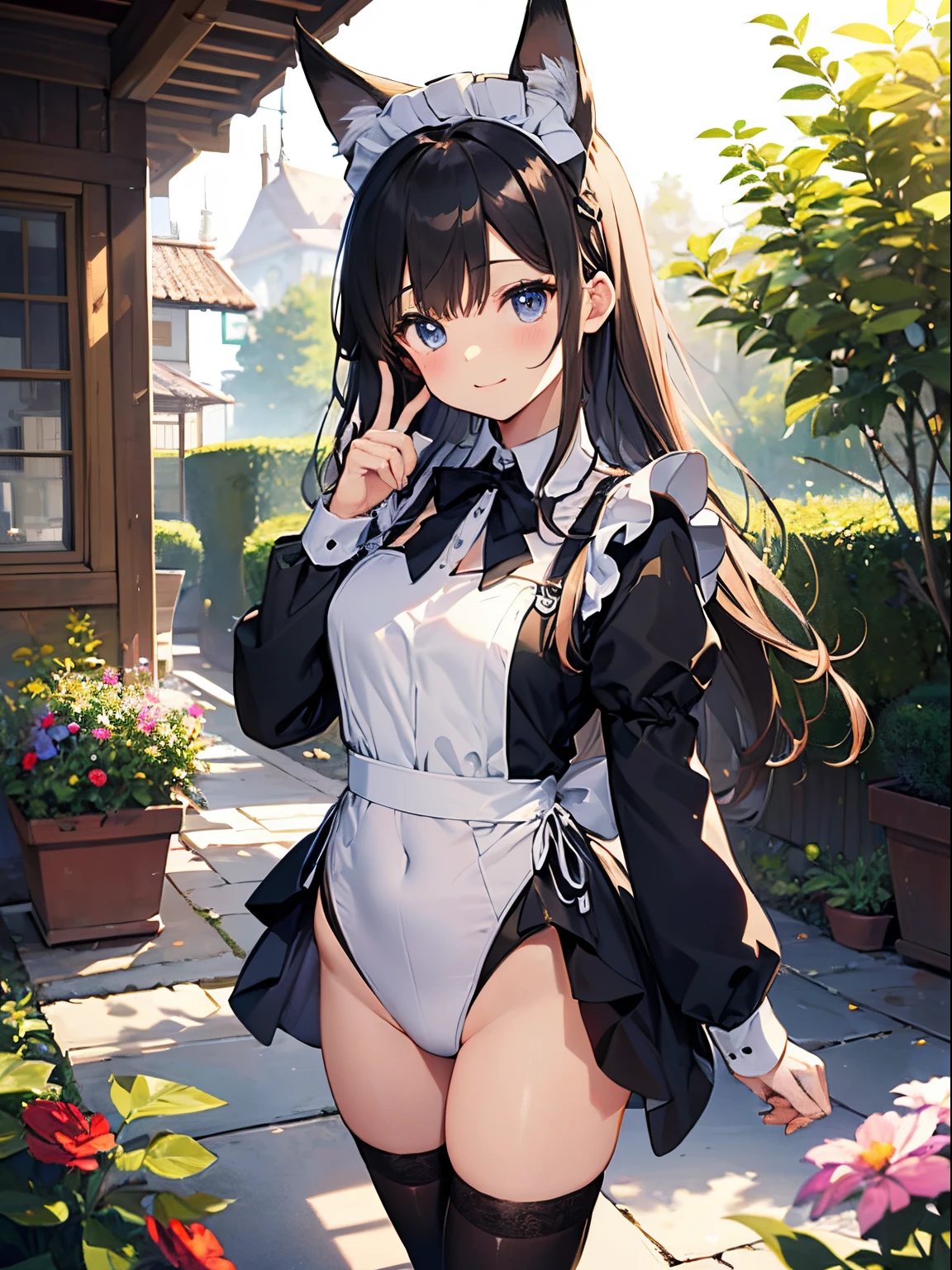((2D beautiful girl、top-quality、Perfect Finger 1.3、Perfect Anatomy 1.3、extremely delicate and beautiful illustration))、cute petit girl、(transform sequence)、((maid style leotard))、12year old、Slender beautiful girl、Fractal Art、baby-face、((stright long hair))、beatiful detailed eyes、A smile、Full Body Display、Western-style garden、（1 persons）、long-sleeve、landscaped gardens、（knee high socks）、is standing、（highleg）、Fox ears、