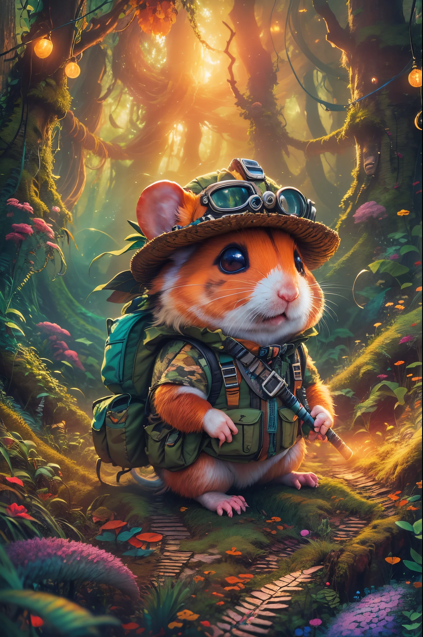 (Best quality, 8K, A high resolution, tmasterpiece:1.2), ultra - detailed, (actual, realistically, realisticlying:1.37), vibrant with colors, Magical atmosphere, Whimsical, ((1 cute hamster adventurer,Wear a set of lightweight and durable adventure gear,Camouflage color adventure vest,Wearing an adventure hat,Bring a small hiking pole, Explore a Mayan temple in a pristine jungle)), Surreal, Psychedelic, Complicated details, Beautiful texture, Ethereal, like a dream, Soft glowing light, Charming Patterns, Fantasy creatures, Hidden surprises, dreamlike landscapes, Surreal color palette, Mystic aura, ultra-realistic realism, Enchanting journey, psychedelic trip, vivid imagination, immersive experience, mysterious creature, otherworldly charm, glowing paths, light up the forest floor, surreal sky, whimsical characters, glowing light eyes, a magical encounter, adventure helmet, Fascinating artwork