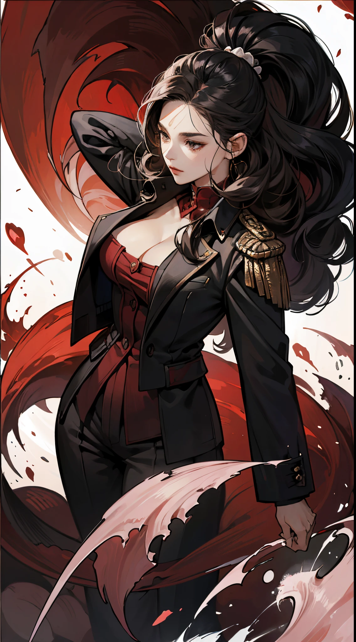 A female character，femele，Sister，solid color backdrop，character  design，Conceptual role，buisness suit，trouser，Left hand wearing red glove，combats，black long curly hair，gallant，Chic and handsome，Imperial sister，Close-up cleavage，Splashing blood