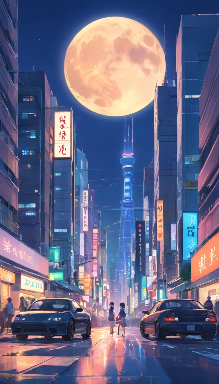 Japan Tokyo，business district，Future technology，huge full moon，the night，A black high-tech sports car，mechanised，a high-tech city，Buildings，neon，Busy